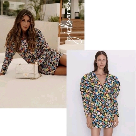 Zara Floral Puff Shoulder Mini Dress XS Dramatic Gigot Statement Sleeve Cotton - Picture 2 of 12